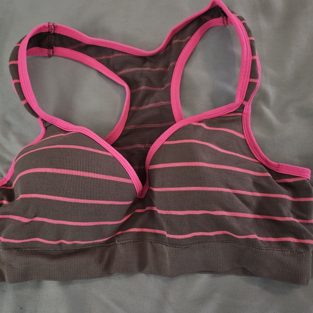 Striped Pink and Grey Sports Bra